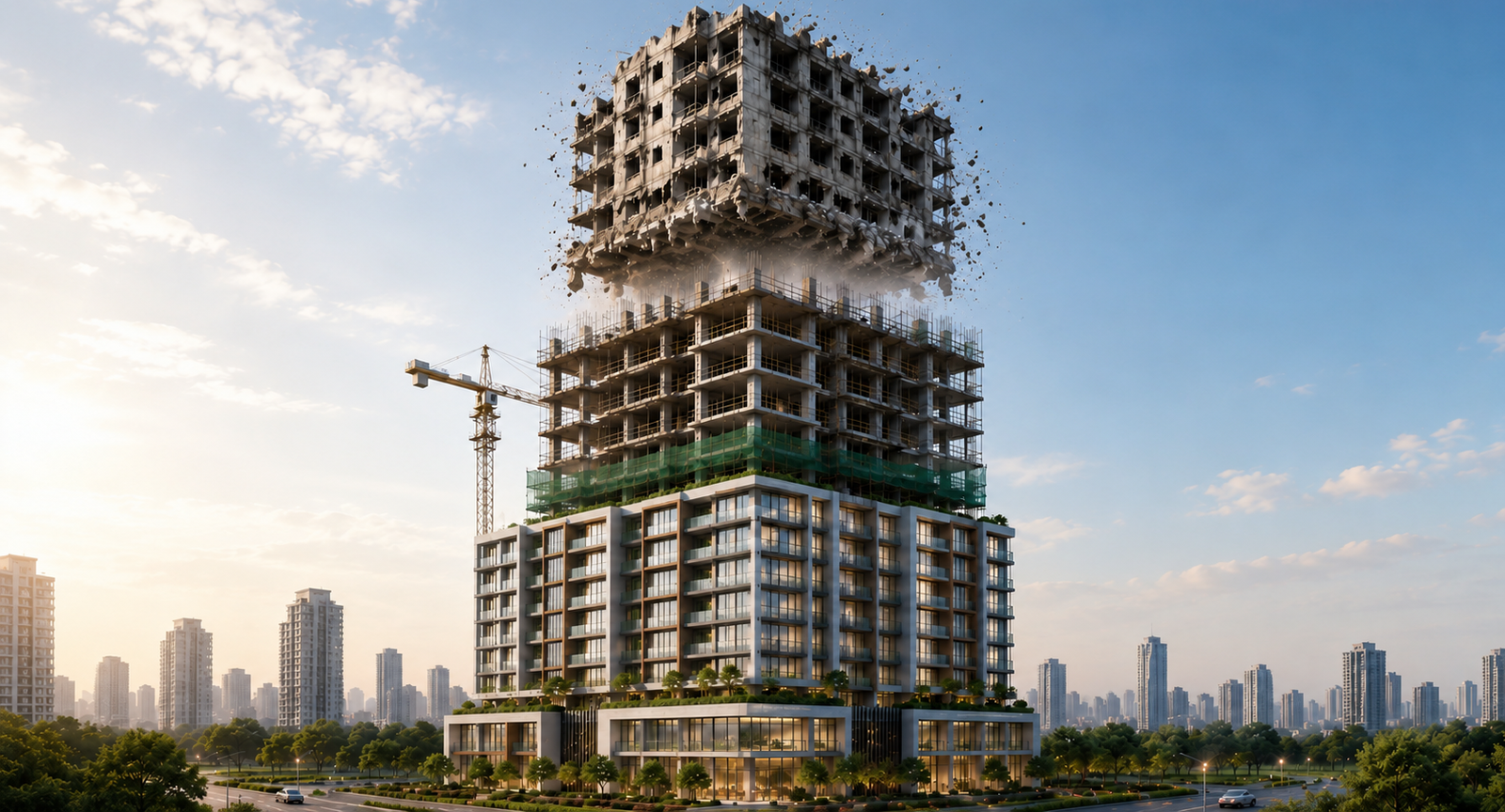 A residential tower's redevelopment journey - old structure, demolition, construction and a completed new building against a city skyline